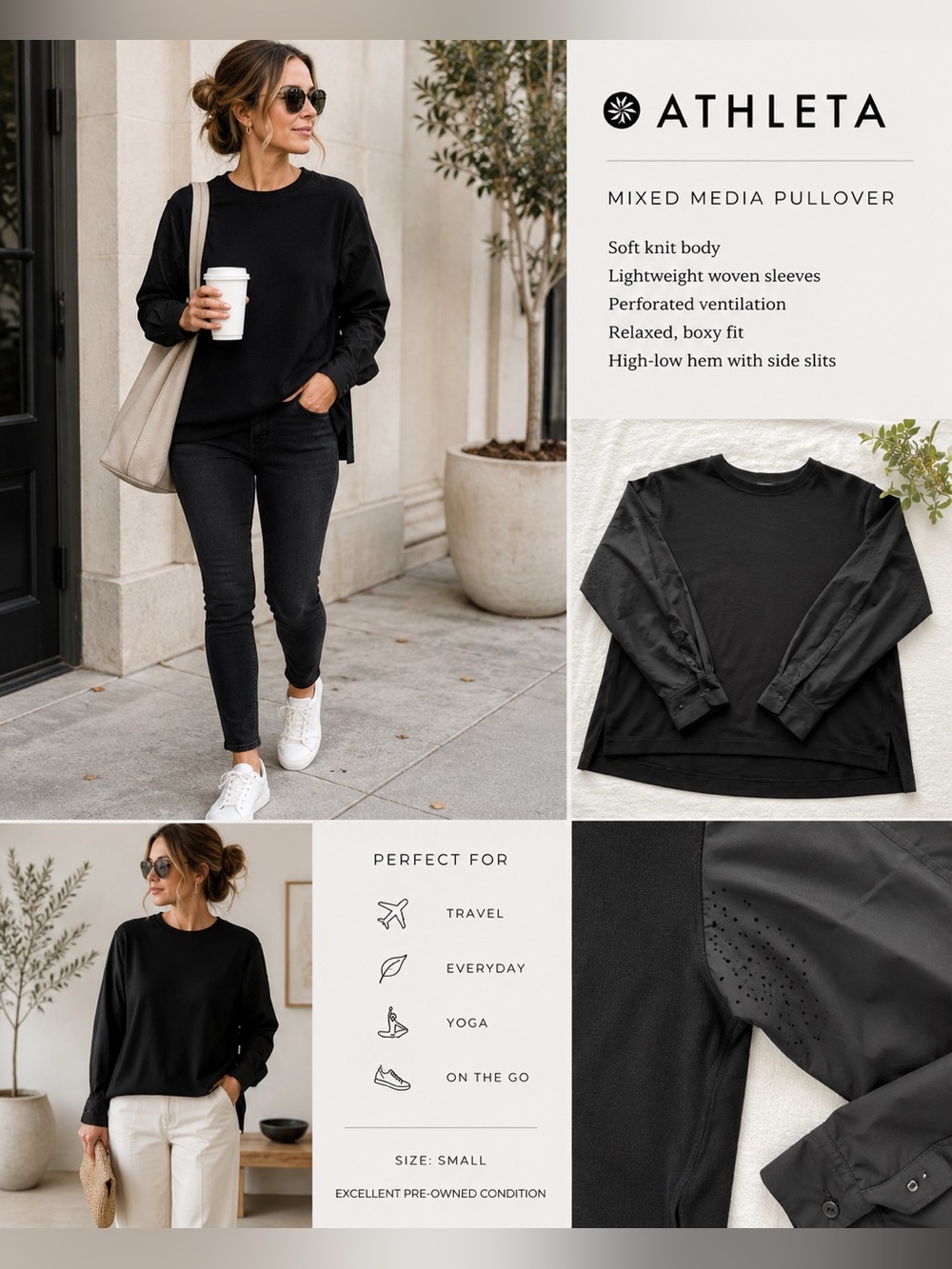Athleta Black Mixed Media Pullover Top Size S Boxy Fit Performance Long Sleeve
